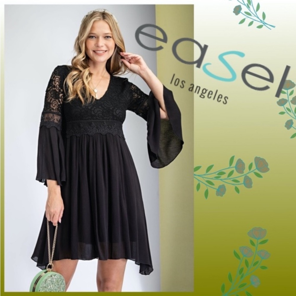 Easel black Babydoll Dress W/Lace Bodice and bell sleeves